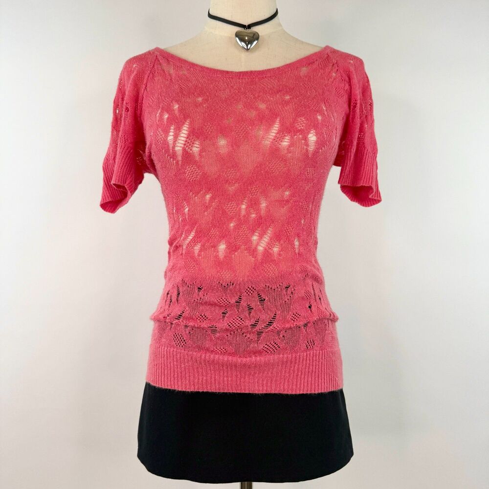 Y2K Bebe Pink Knit Long Sweater Shirt Open Shoulder Sz XS Retro Ballet Coquette